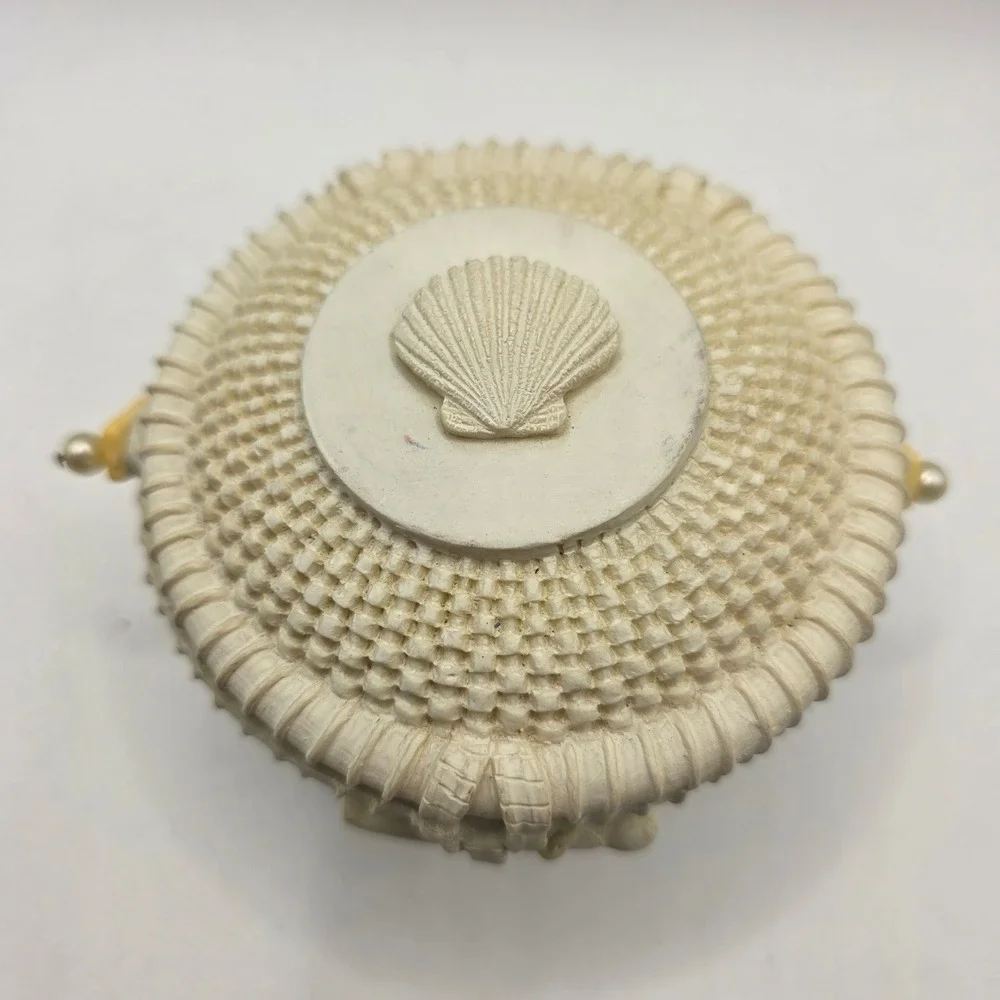 Nantucket Basket Style Trinket Box Faux Scrimshaw Shell Resin Coastal Decor